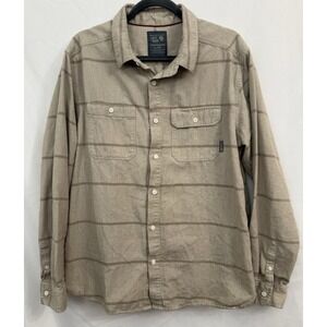 Mountain Hardwear Cotton Beige Striped Button Up Hiking Heavy Shirt Mens L *FLAW